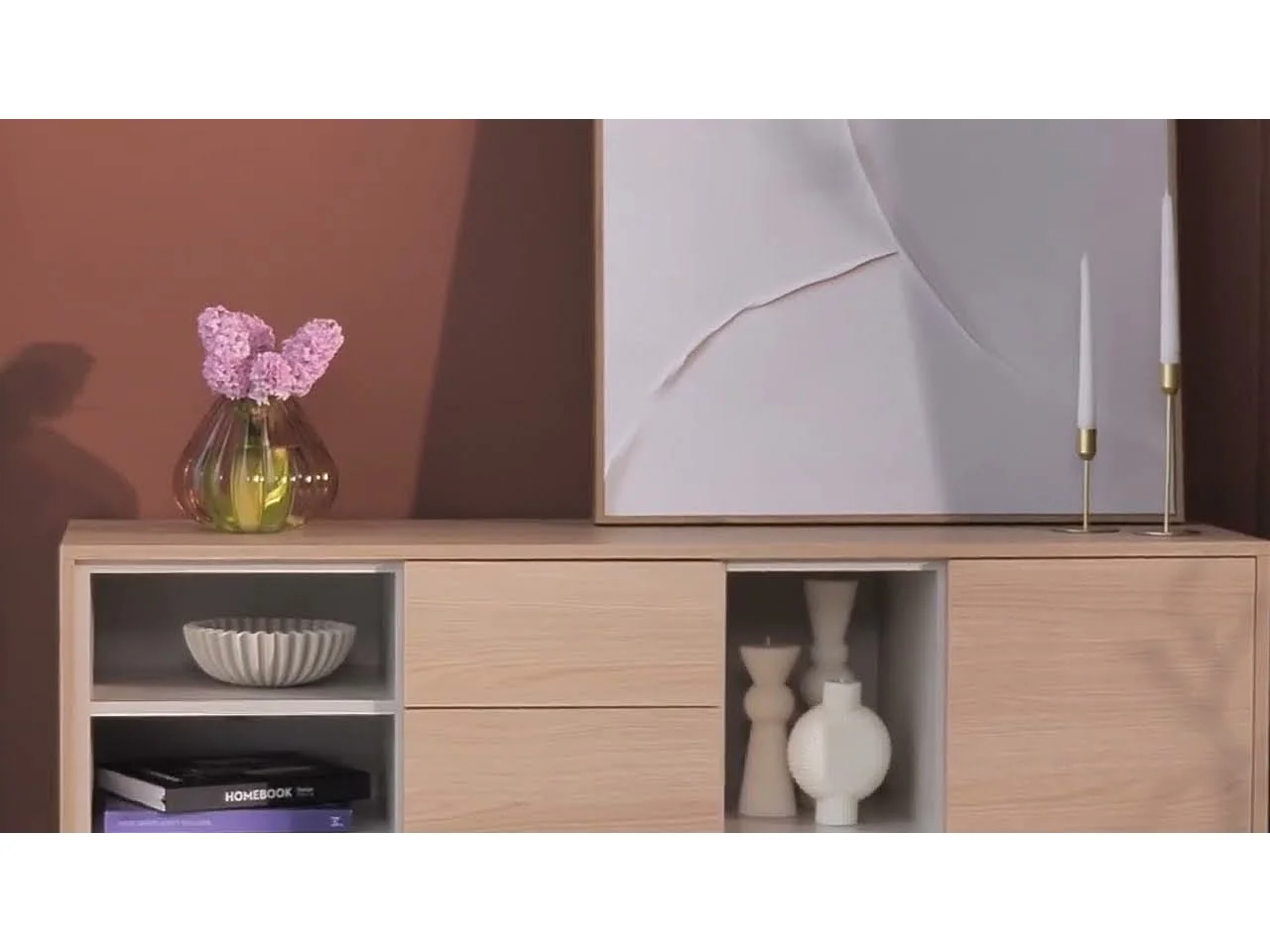Meuble TV avec deux tiroirs et trois niches ouvertes – aspect chêne / gris cachemire – LAYEN