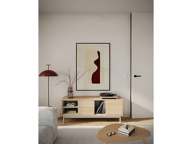 TV-Lowboard mit zwei Schubladen – drei offenen Fächern – Eichenholzoptik / Kaschmirgrau – LAYEN