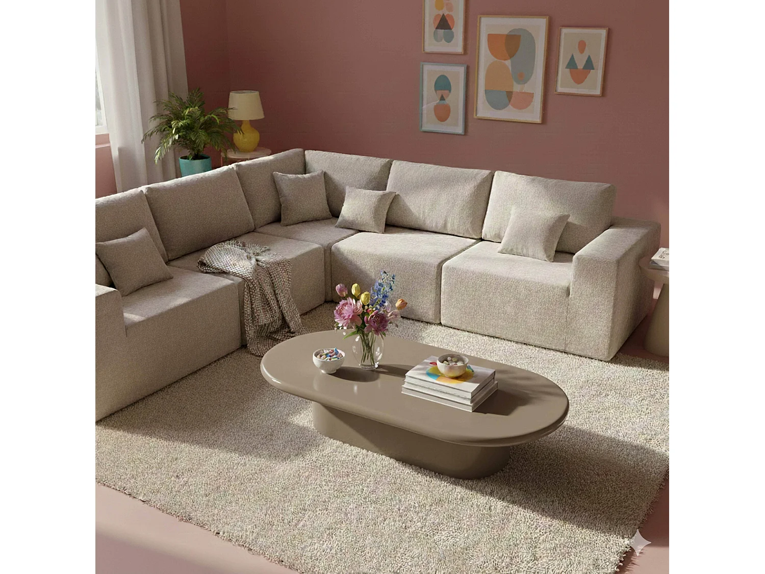 Ovale salontafel 100 x 70 cm in taupe gelakt MDF