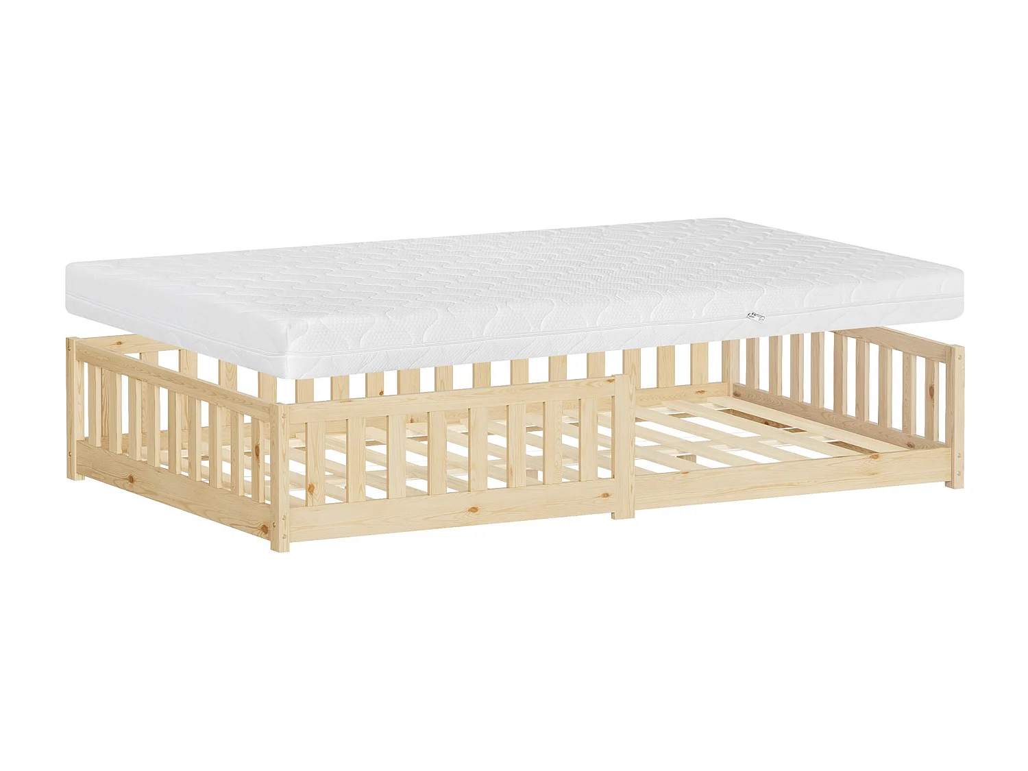 ML-Desing Cama de suelo infantil 120x200cm con colchón 16cm natural madera maciza de pino, somier de láminas cuna anticaída doble para niños