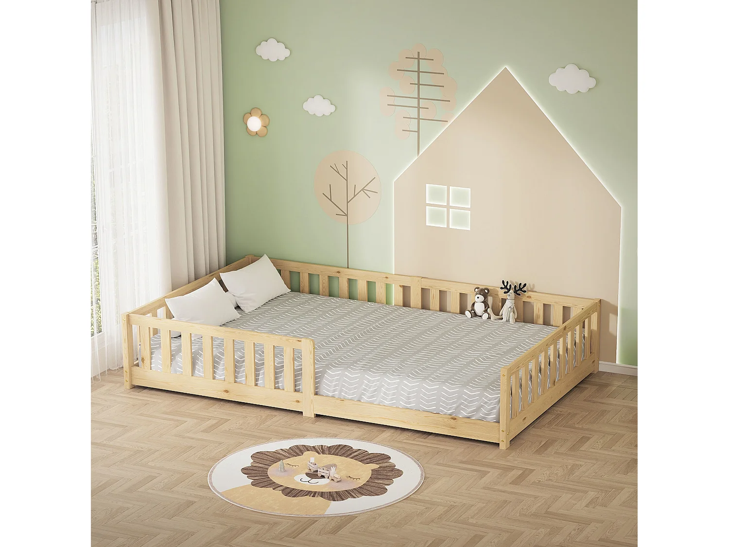 ML-Desing Cama de suelo infantil 120x200cm con colchón 16cm natural madera maciza de pino, somier de láminas cuna anticaída doble para niños