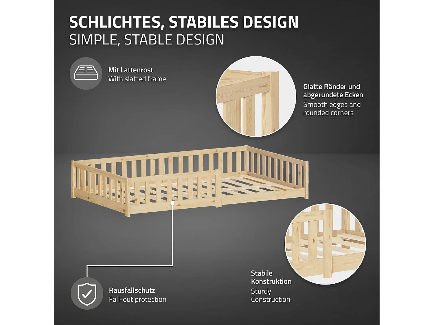 ML-Desing Cama de suelo infantil 120x200cm con colchón 16cm natural madera maciza de pino, somier de láminas cuna anticaída doble para niños