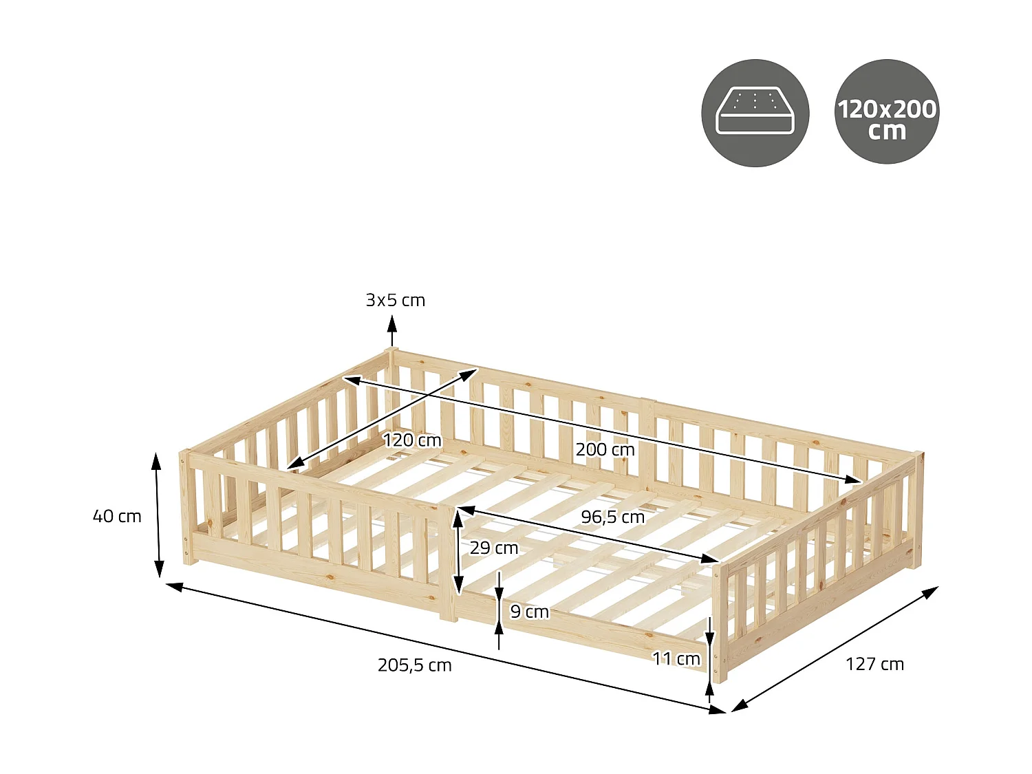ML-Desing Cama de suelo infantil 120x200cm con colchón 16cm natural madera maciza de pino, somier de láminas cuna anticaída doble para niños