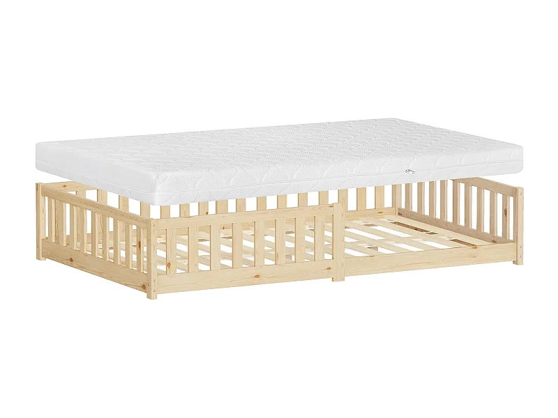 ML-Desing Cama de suelo infantil 120x200cm con colchón 16cm natural madera maciza de pino, somier de láminas cuna anticaída doble para niños