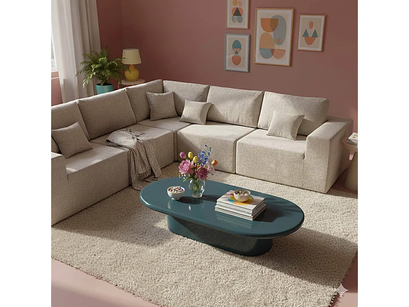 Table basse ovale 100 x 70 cm en MDF effet laqué bleu canard