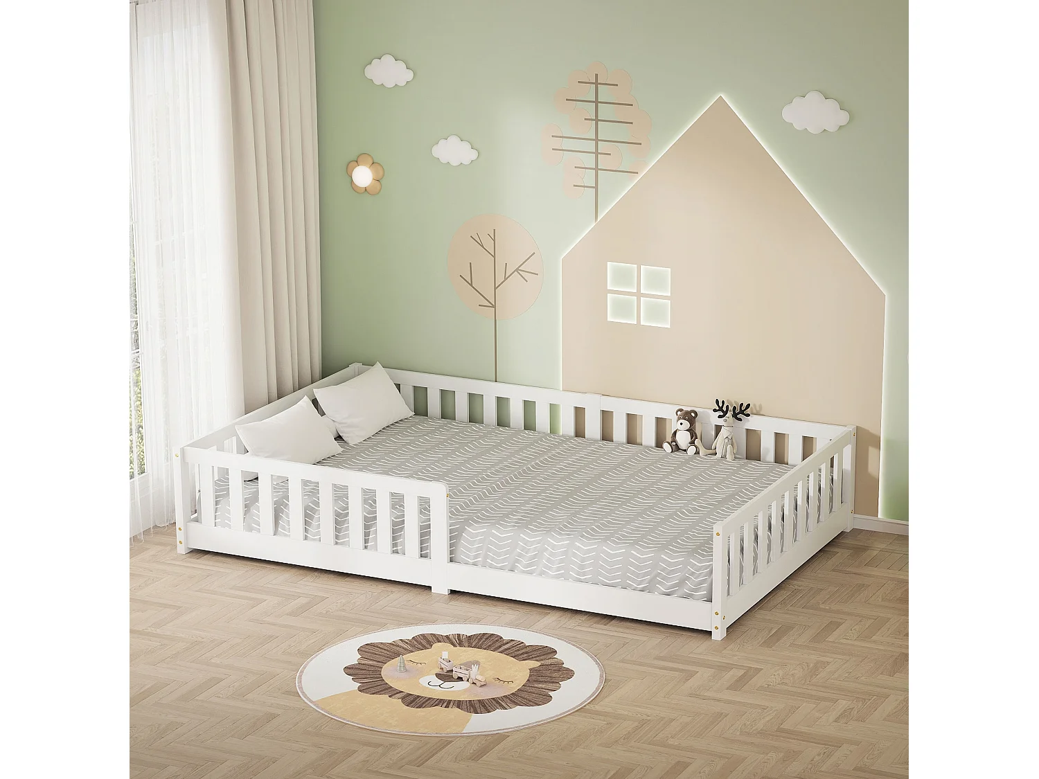 ML-Desing Cama de suelo infantil 120x200cm con colchón 16cm blanco madera maciza de pino, somier de láminas cuna anticaída doble para niños