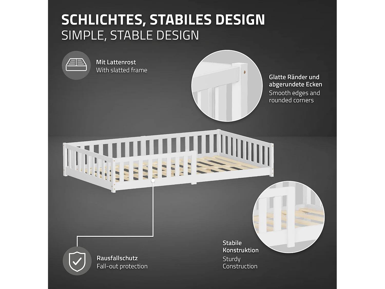 ML-Desing Cama de suelo infantil 120x200cm con colchón 16cm blanco madera maciza de pino, somier de láminas cuna anticaída doble para niños