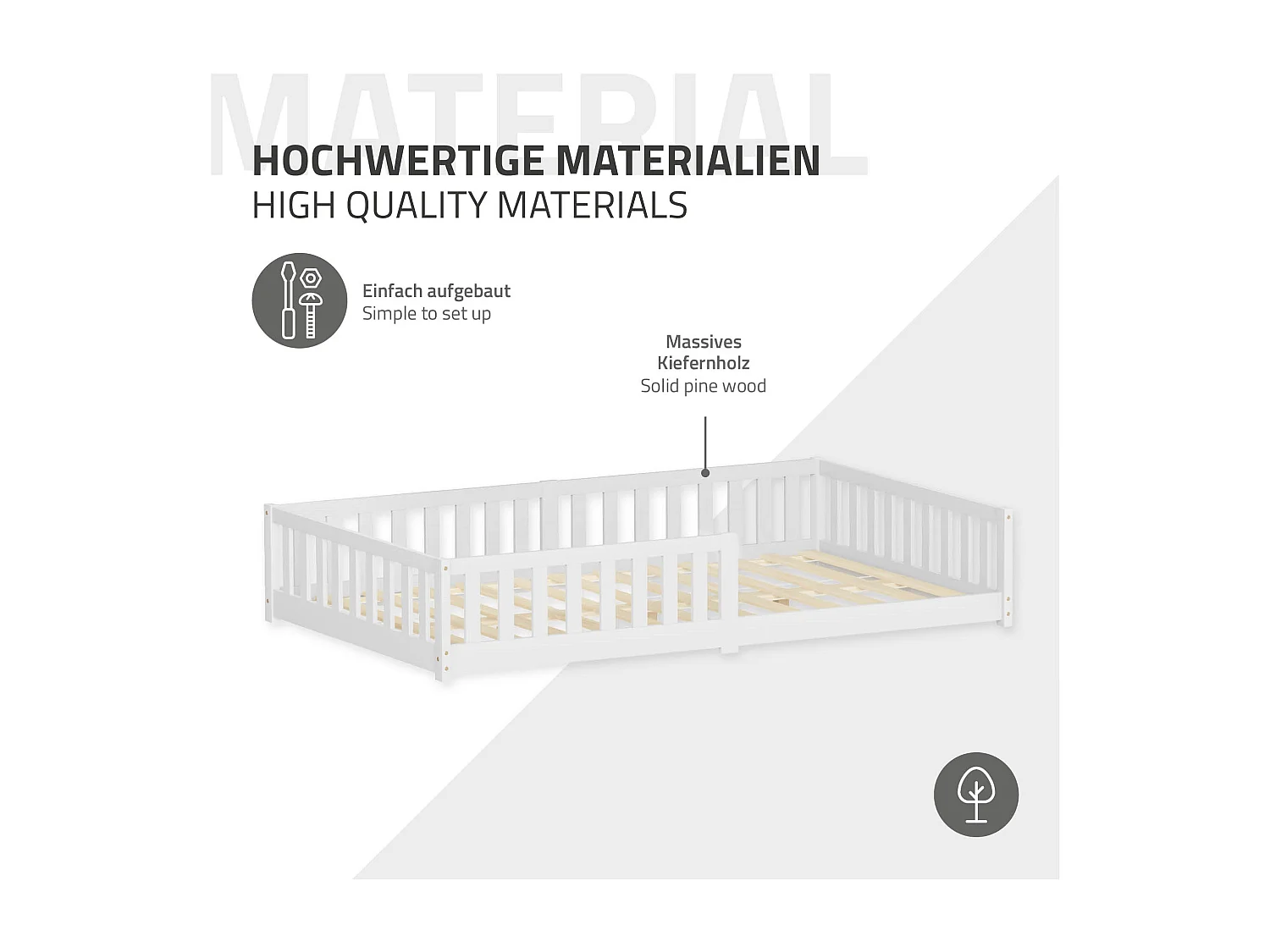 ML-Desing Cama de suelo infantil 120x200cm con colchón 16cm blanco madera maciza de pino, somier de láminas cuna anticaída doble para niños