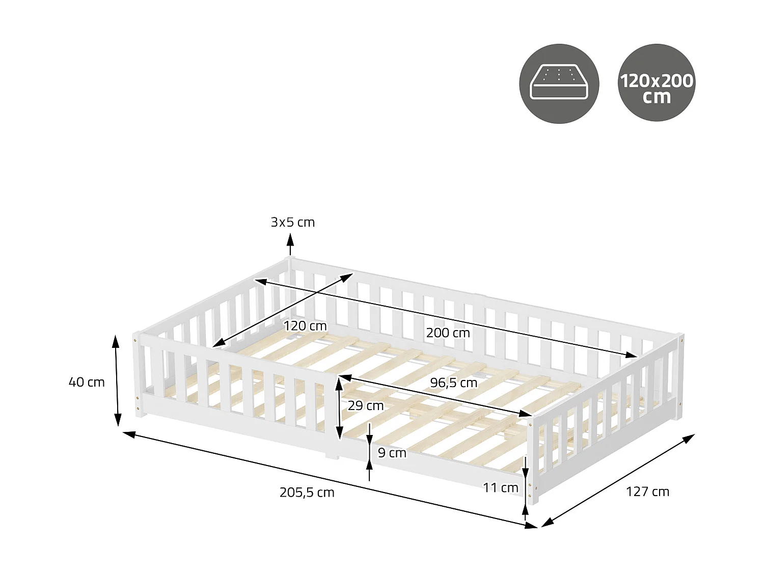 ML-Desing Cama de suelo infantil 120x200cm con colchón 16cm blanco madera maciza de pino, somier de láminas cuna anticaída doble para niños