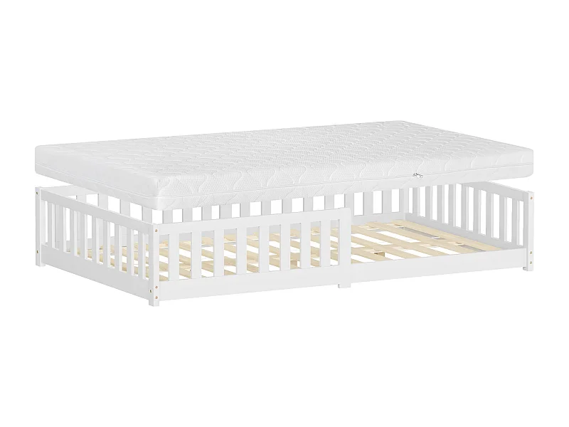 ML-Desing Cama de suelo infantil 120x200cm con colchón 16cm blanco madera maciza de pino, somier de láminas cuna anticaída doble para niños