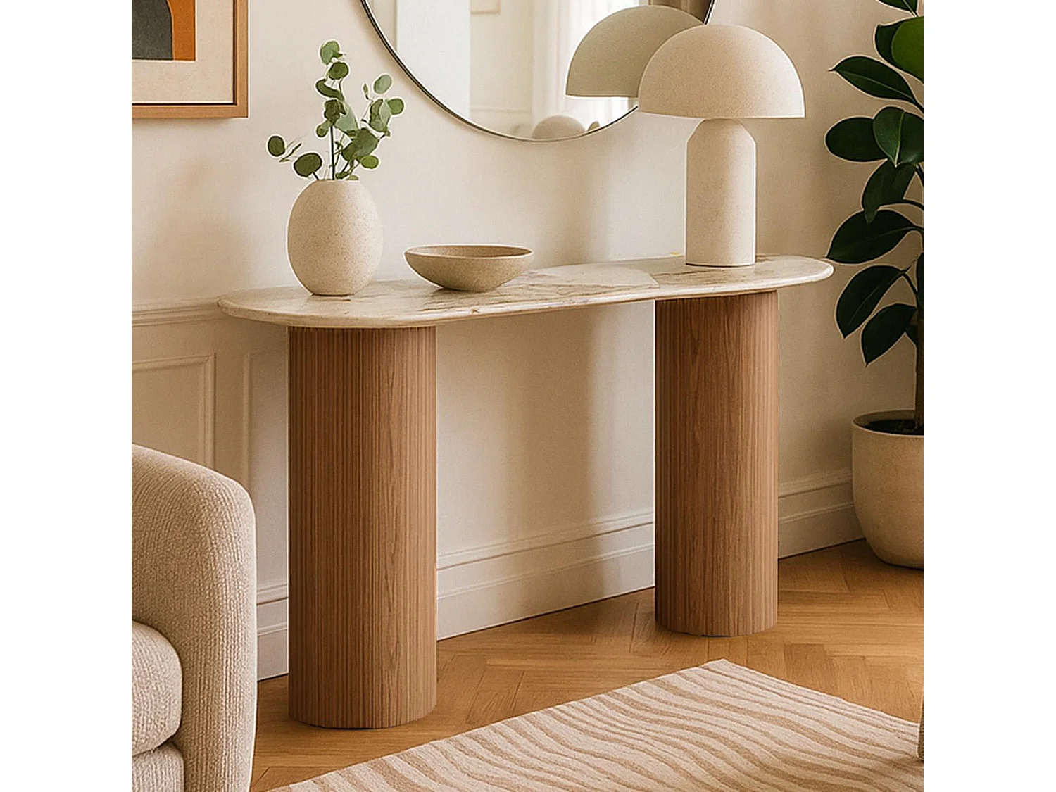 Console moderne pieds colonnes 40x120cm Eglantine Bois et Céramique Effet marbre Blanc