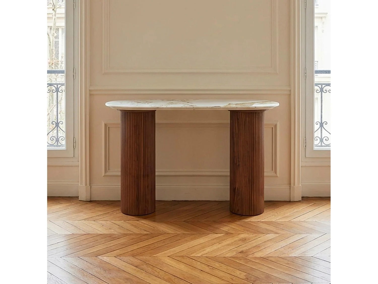 Console moderne pieds colonnes 40x120cm Eglantine Bois et Céramique Effet marbre Blanc