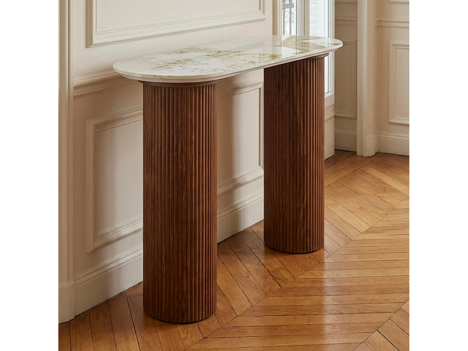 Console moderne pieds colonnes 40x120cm Eglantine Bois et Céramique Effet marbre Blanc