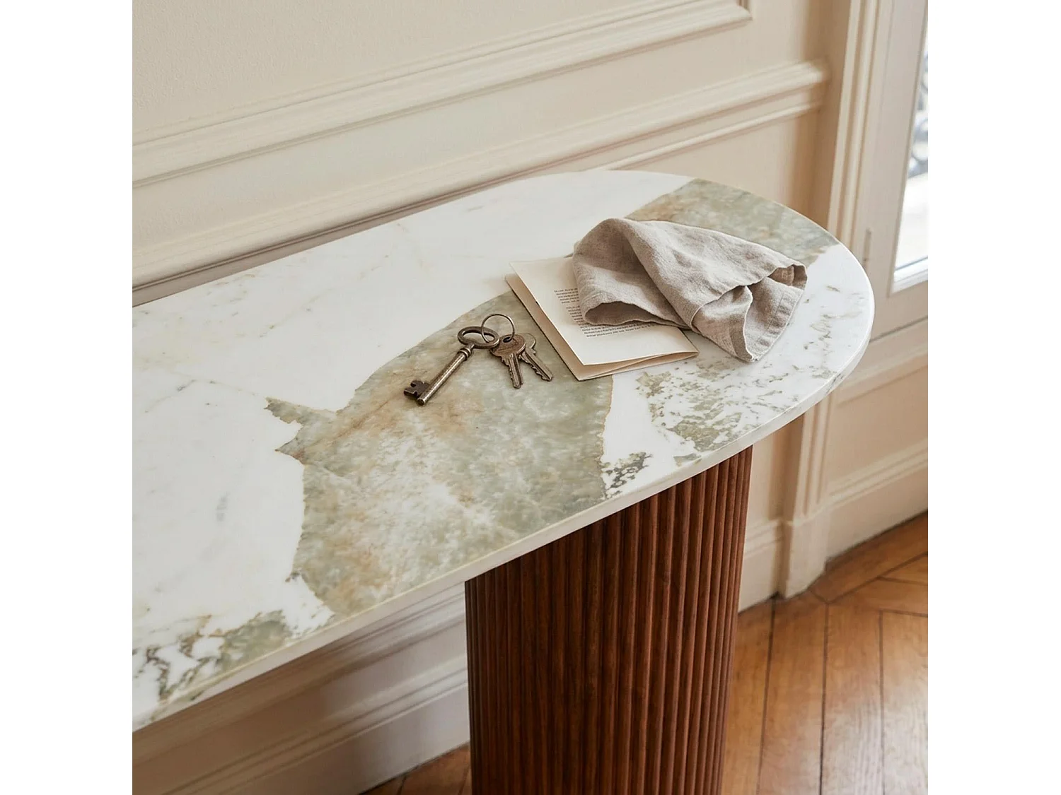 Console moderne pieds colonnes 40x120cm Eglantine Bois et Céramique Effet marbre Blanc