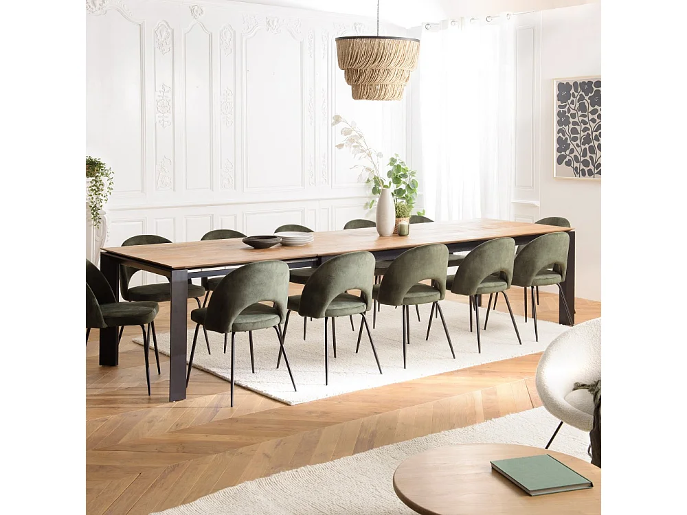 MAXENCE - Table à manger ext. 250/350x100cm teck recyclé pieds métal MAXENCE