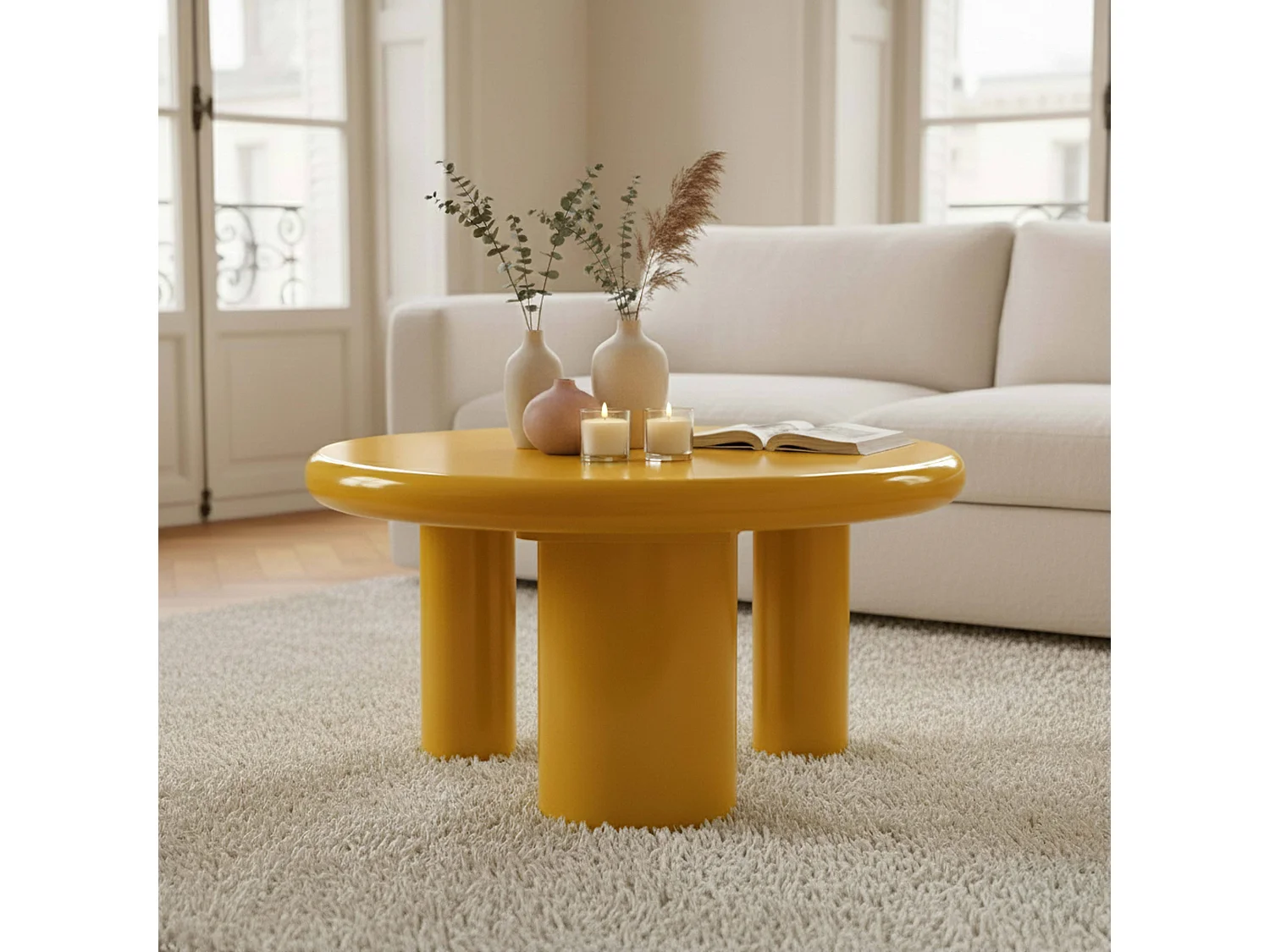 Ronde salontafel 100 cm in geel gelakt MDF