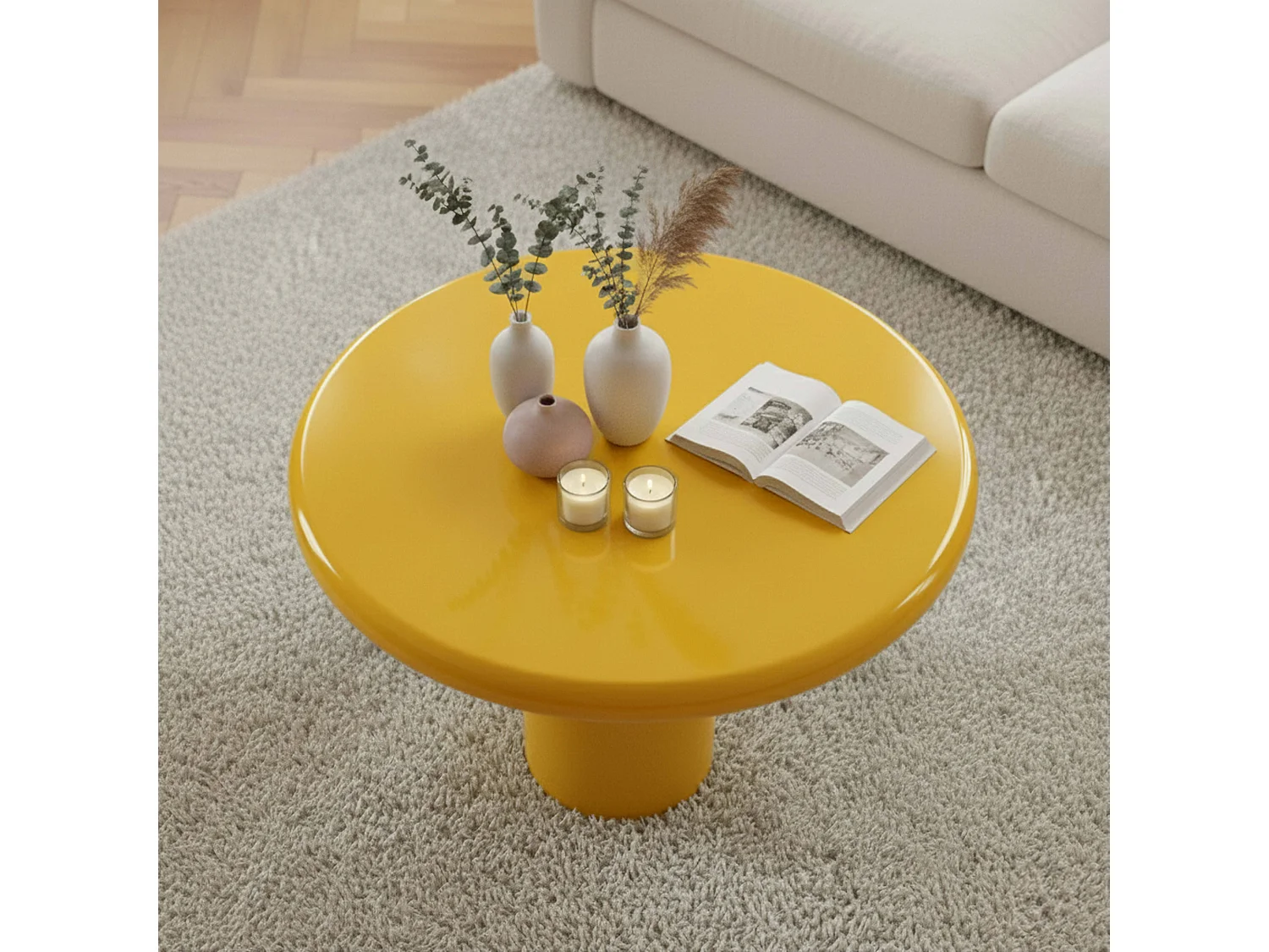 Ronde salontafel 100 cm in geel gelakt MDF