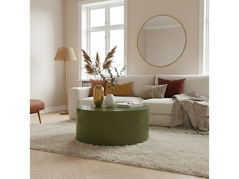 Table basse ronde 80 cm en MDF effet laqué vert olive