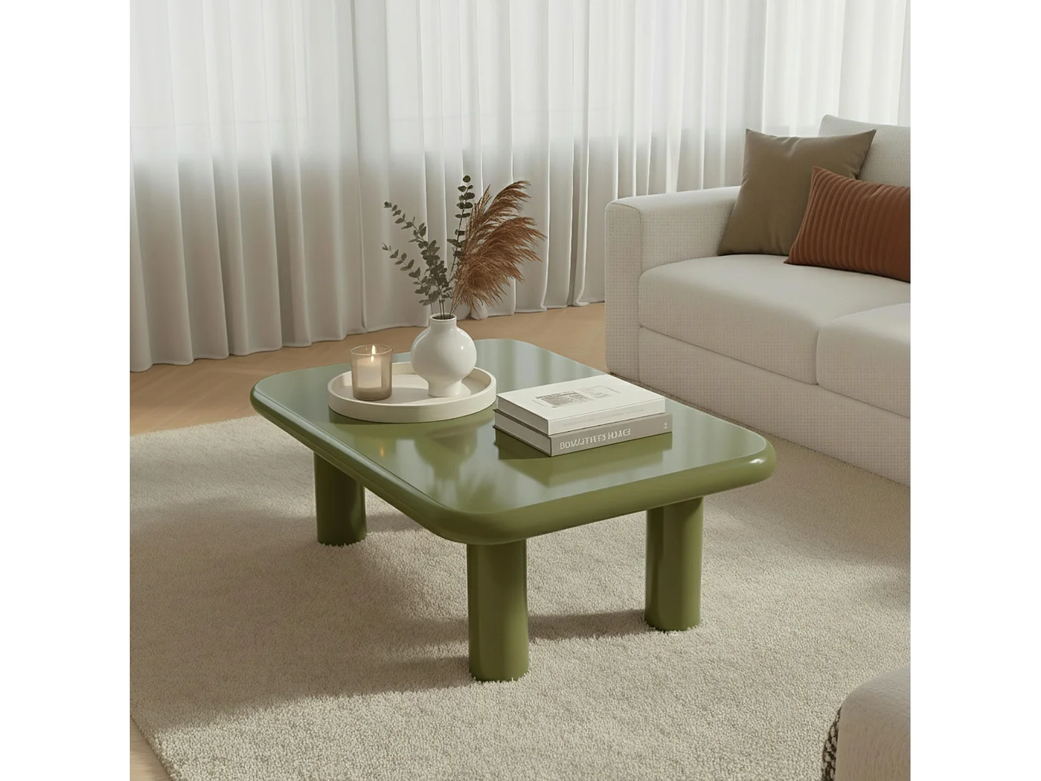 Rechthoekig salontafel 100 cm in olijfgroen gelakt MDF