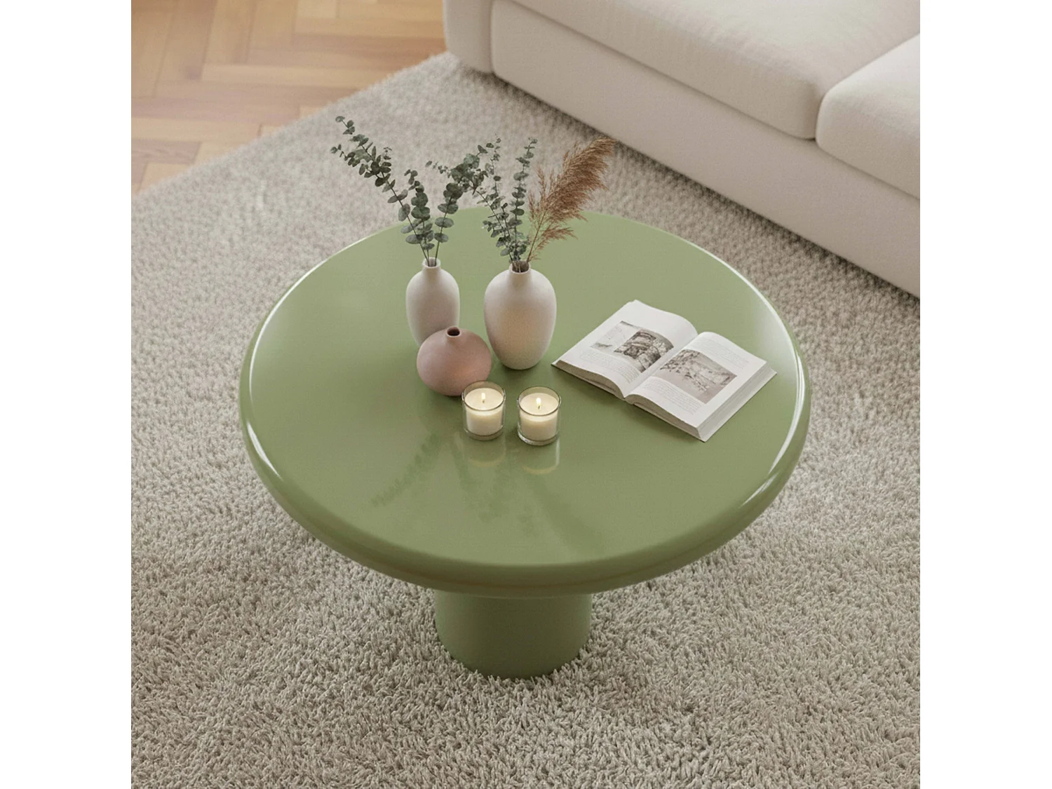 Ronde salontafel 100 cm in olijfgroen gelakt MDF