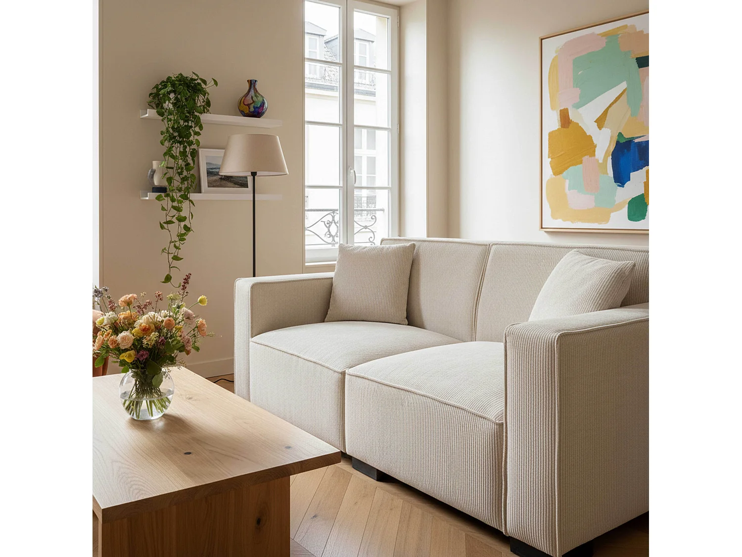 Canapé droit en velours côtelé 2 places écru L 180 cm