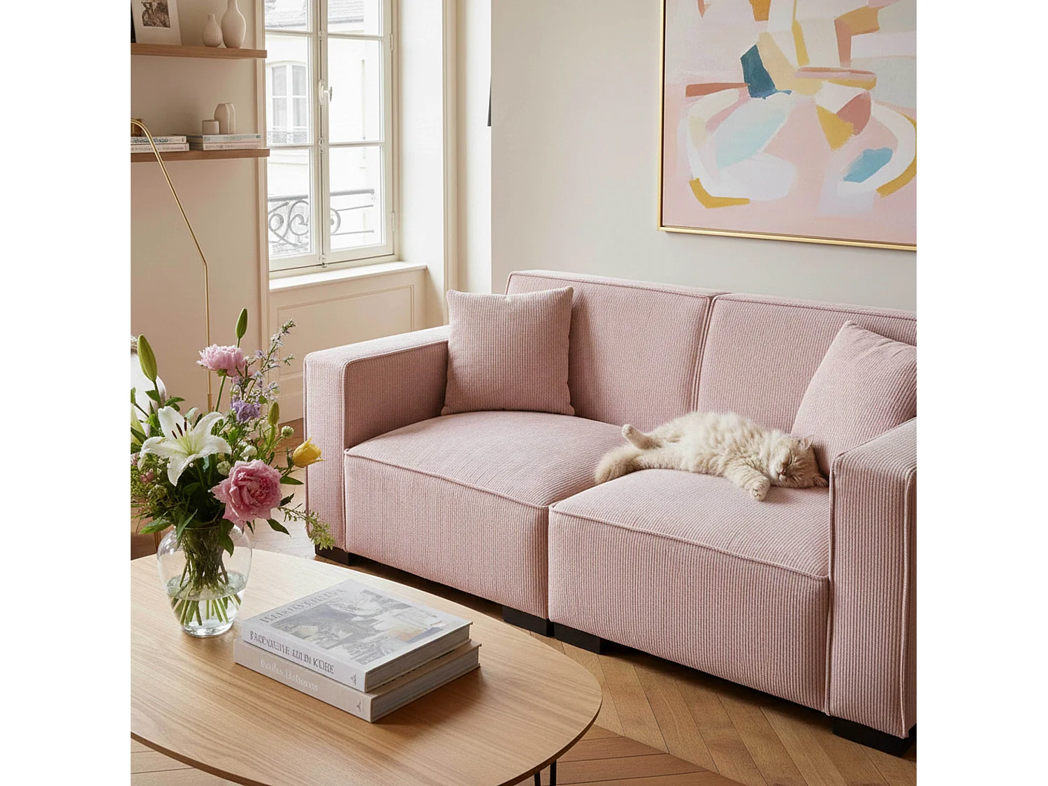 Canapé droit en velours côtelé 2 places rose L 180 cm