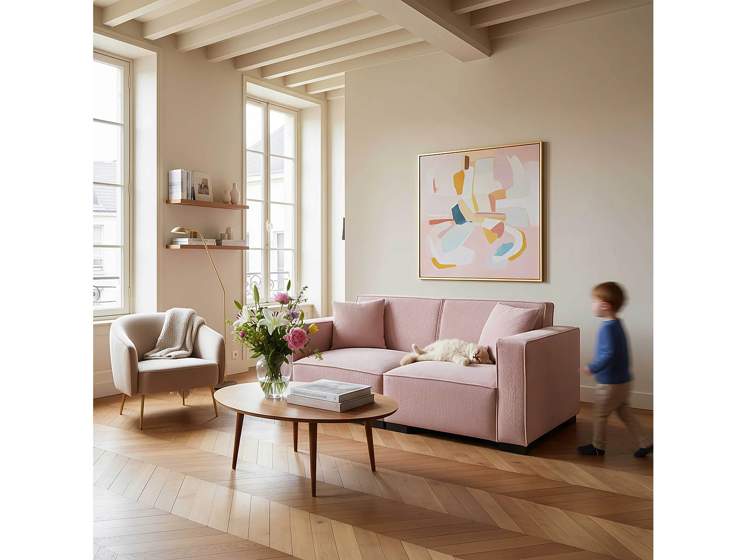 Canapé droit en velours côtelé 2 places rose L 180 cm