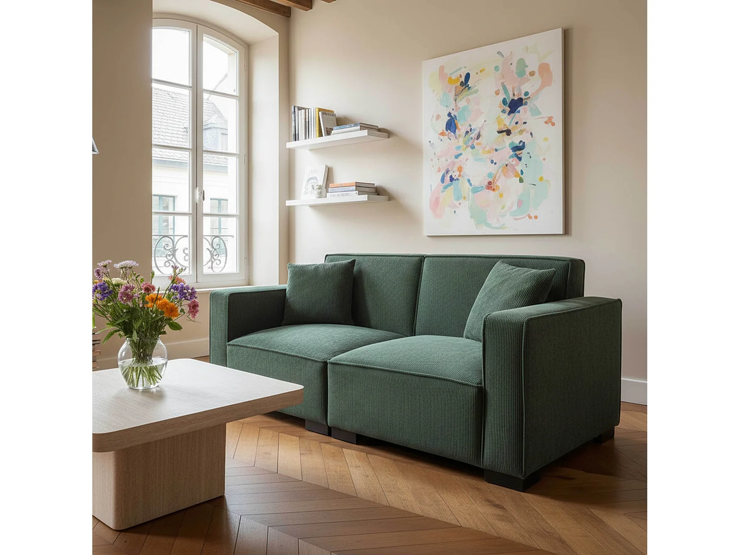 Canapé droit en velours côtelé 2 places vert foncé L 180 cm