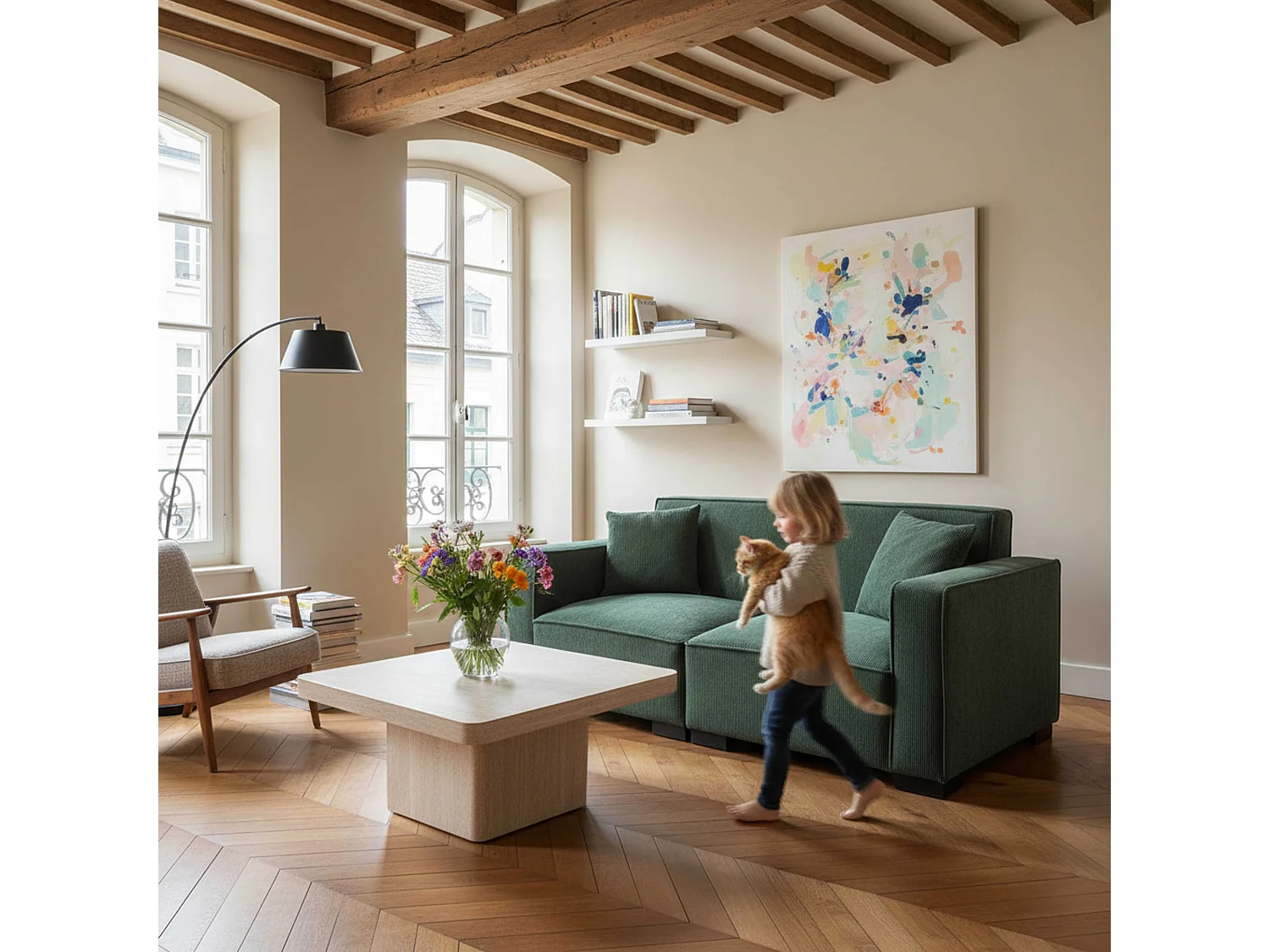 Canapé droit en velours côtelé 2 places vert foncé L 180 cm