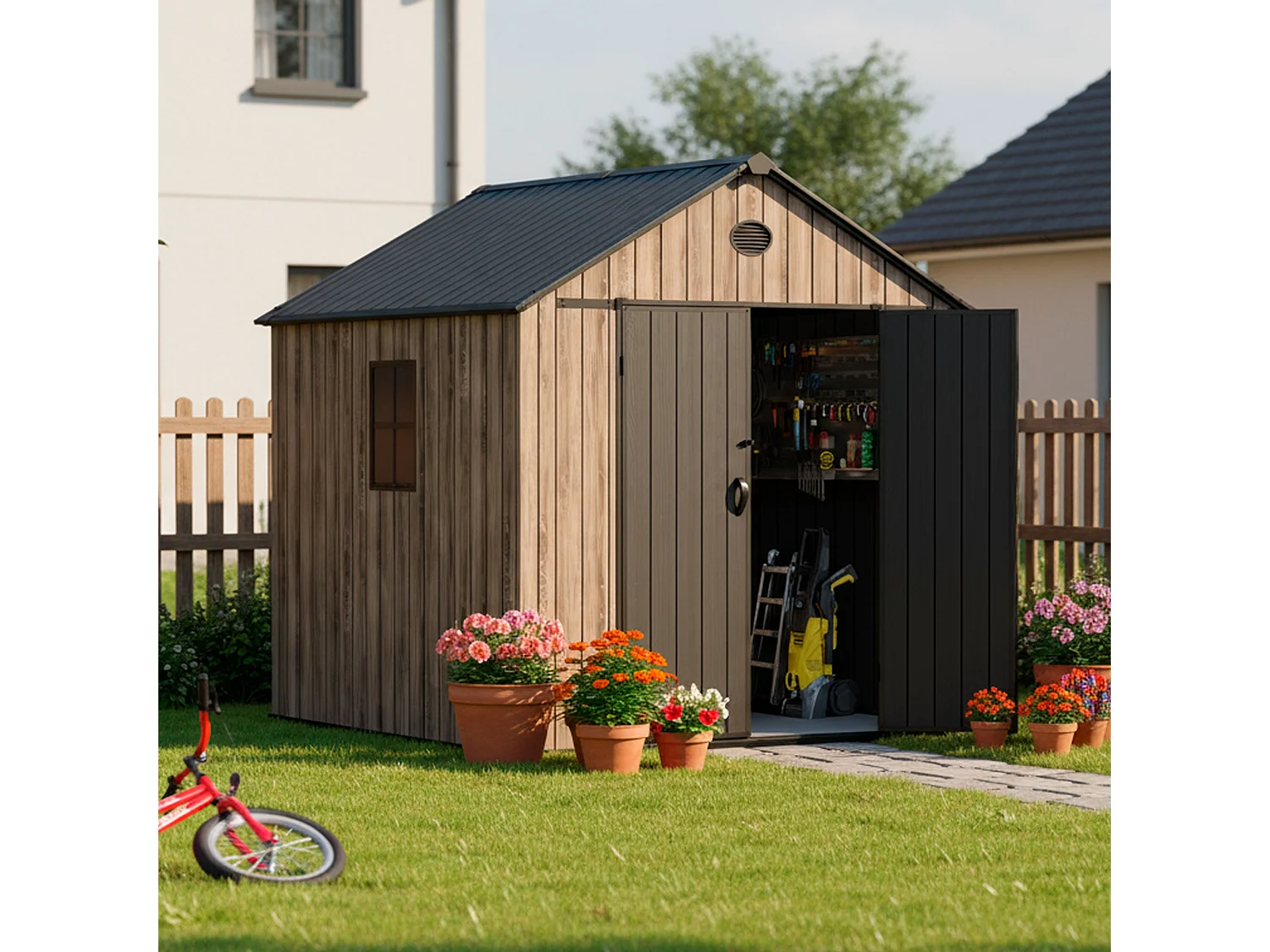 Hoggar – Caseta de Resina Jardín 5,02m2 Oak O50 - Suelo – Ventana – Efecto Madera Premium - Doble Puerta Amplia – Protección UV e Impermeable – Cierre con Pasador