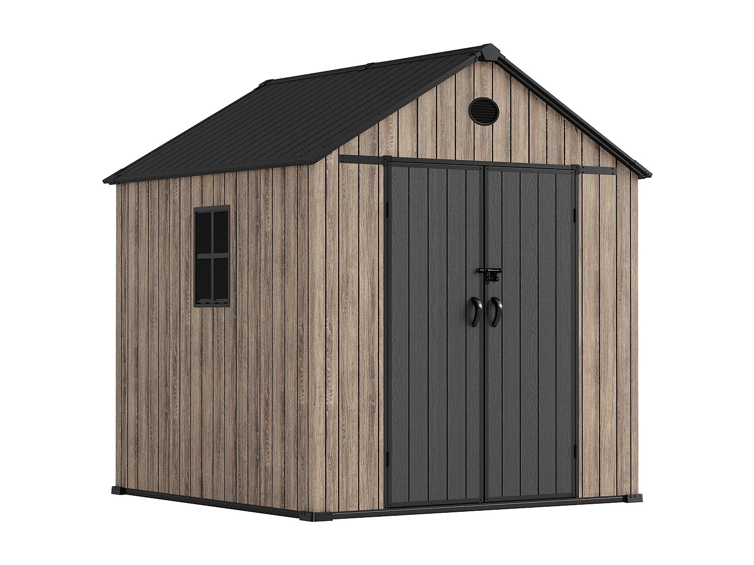 Hoggar – Caseta de Resina Jardín 5,02m2 Oak O50 - Suelo – Ventana – Efecto Madera Premium - Doble Puerta Amplia – Protección UV e Impermeable – Cierre con Pasador