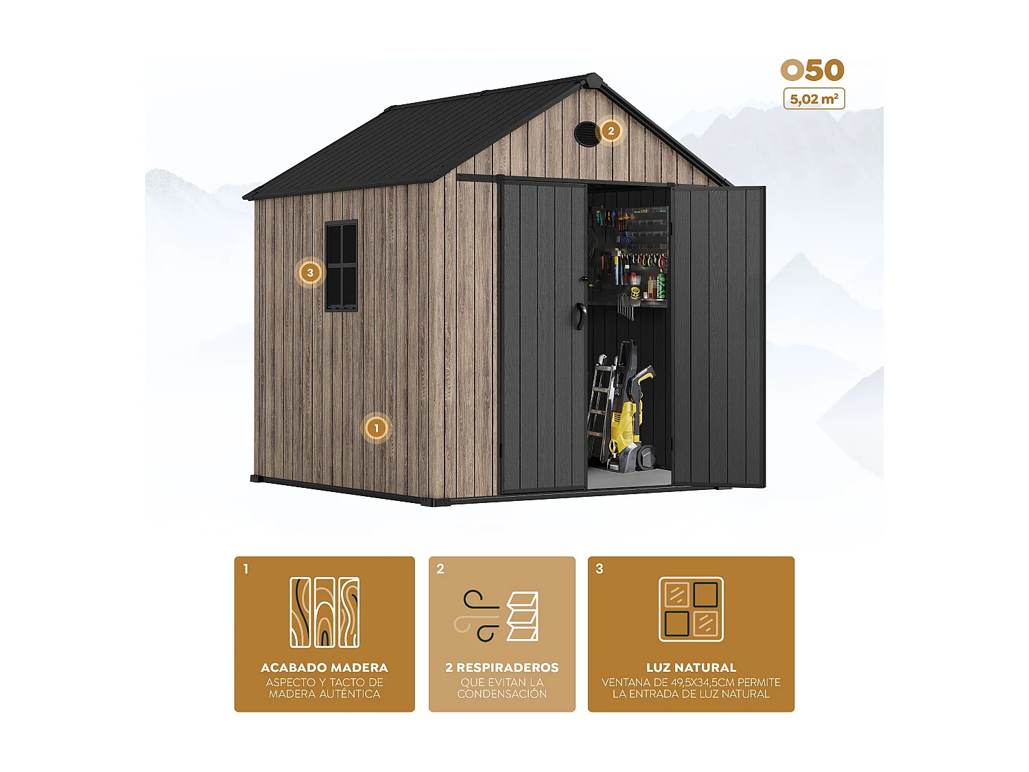 Hoggar – Caseta de Resina Jardín 5,02m2 Oak O50 - Suelo – Ventana – Efecto Madera Premium - Doble Puerta Amplia – Protección UV e Impermeable – Cierre con Pasador