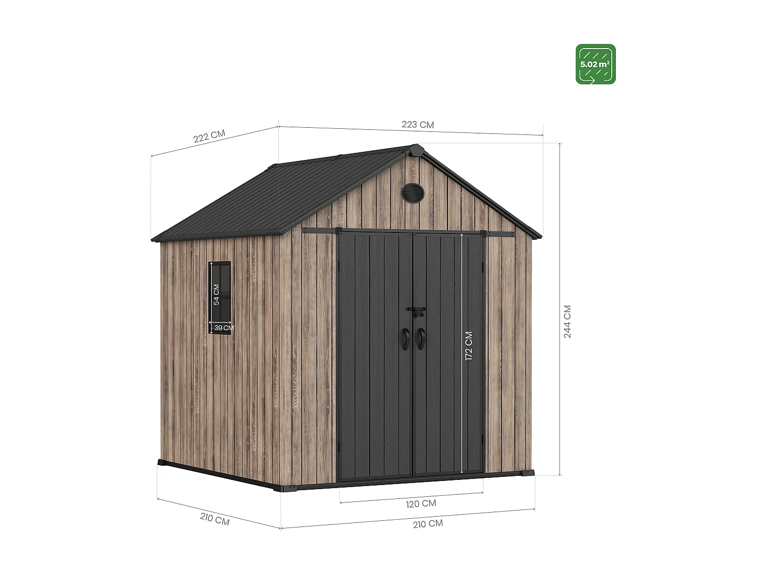 Hoggar – Caseta de Resina Jardín 5,02m2 Oak O50 - Suelo – Ventana – Efecto Madera Premium - Doble Puerta Amplia – Protección UV e Impermeable – Cierre con Pasador