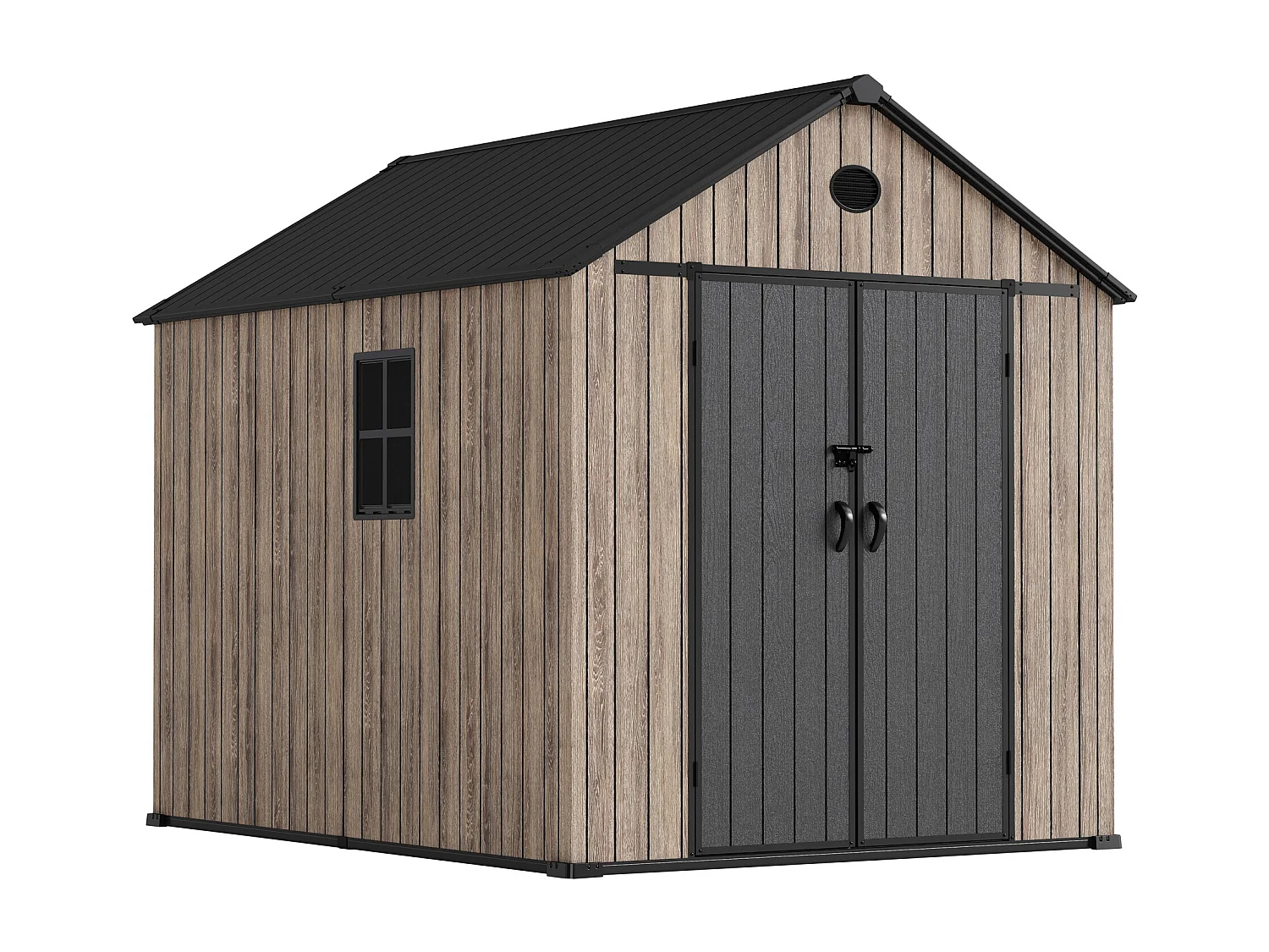 Hoggar – Abri de jardin en résine 6,41 m² Oak O60 – Sol – Fenêtre – Effet bois premium – Double porte large – Protection UV et imperméable – Fermeture avec loquet