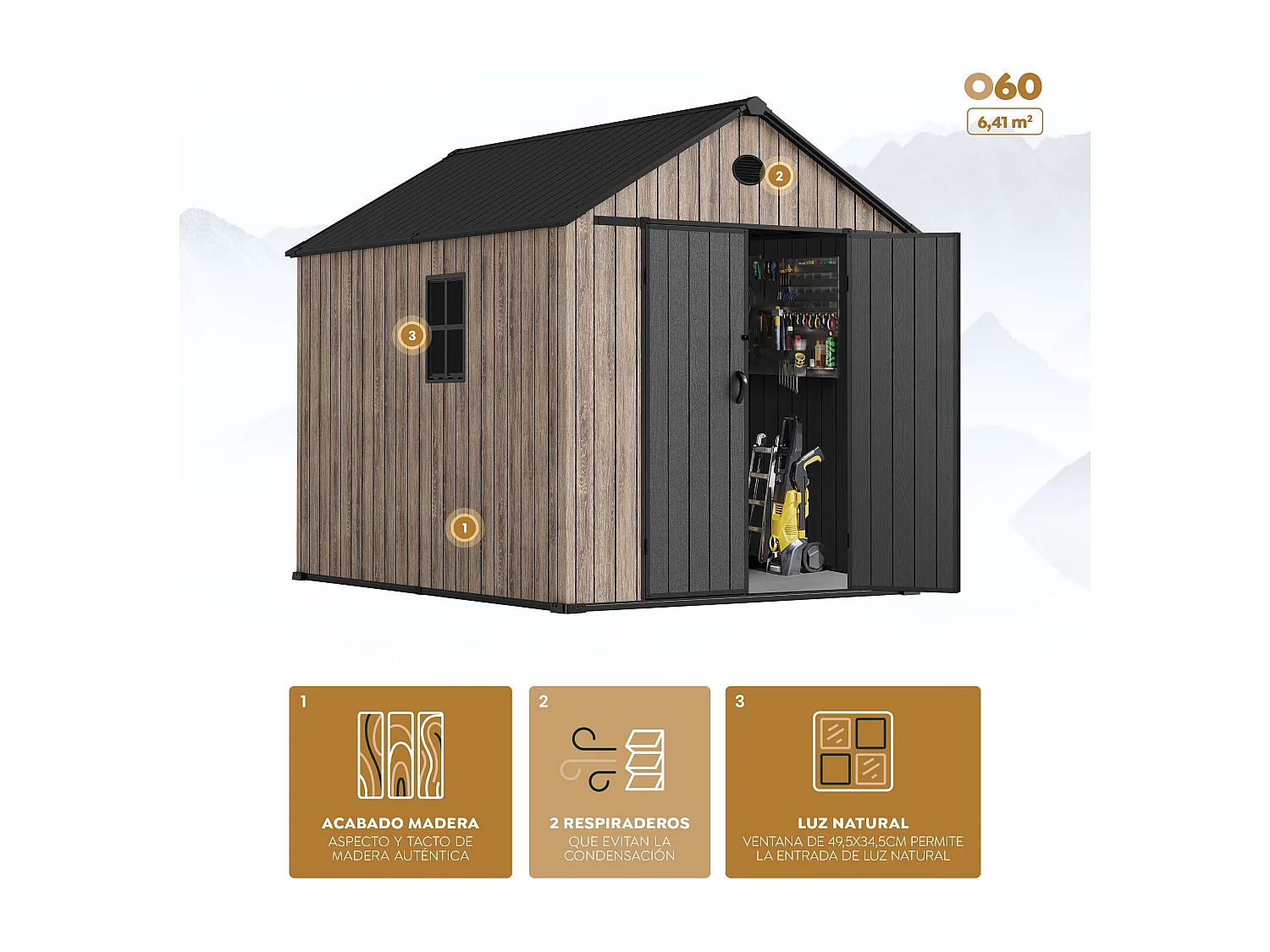 Hoggar – Abri de jardin en résine 6,41 m² Oak O60 – Sol – Fenêtre – Effet bois premium – Double porte large – Protection UV et imperméable – Fermeture avec loquet