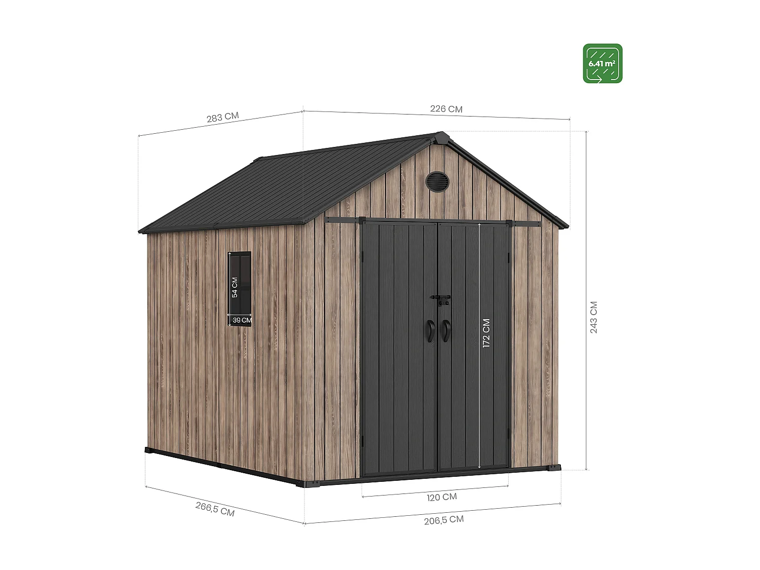 Hoggar – Abri de jardin en résine 6,41 m² Oak O60 – Sol – Fenêtre – Effet bois premium – Double porte large – Protection UV et imperméable – Fermeture avec loquet