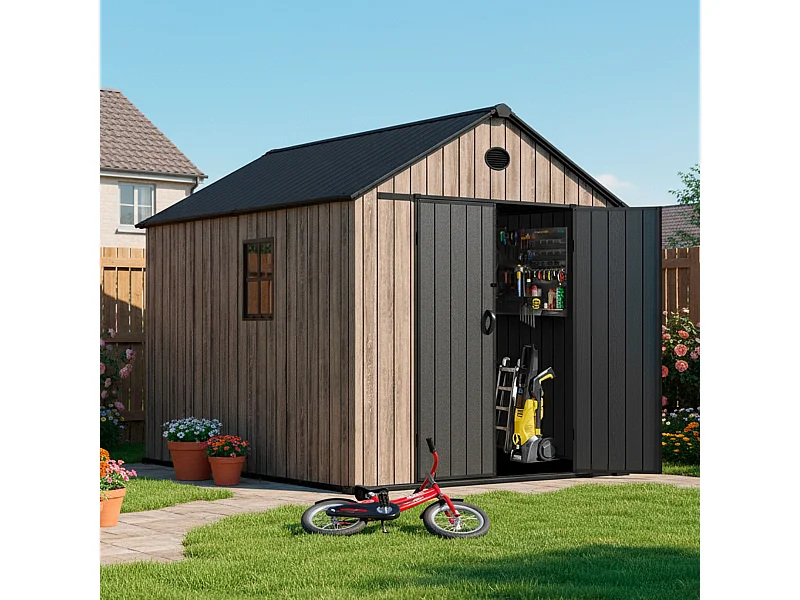 Hoggar – Caseta de Resina Jardín 6,41m2 Oak O60 - Suelo – Ventana – Efecto Madera Premium - Doble Puerta Amplia – Protección UV e Impermeable – Cierre con Pasador