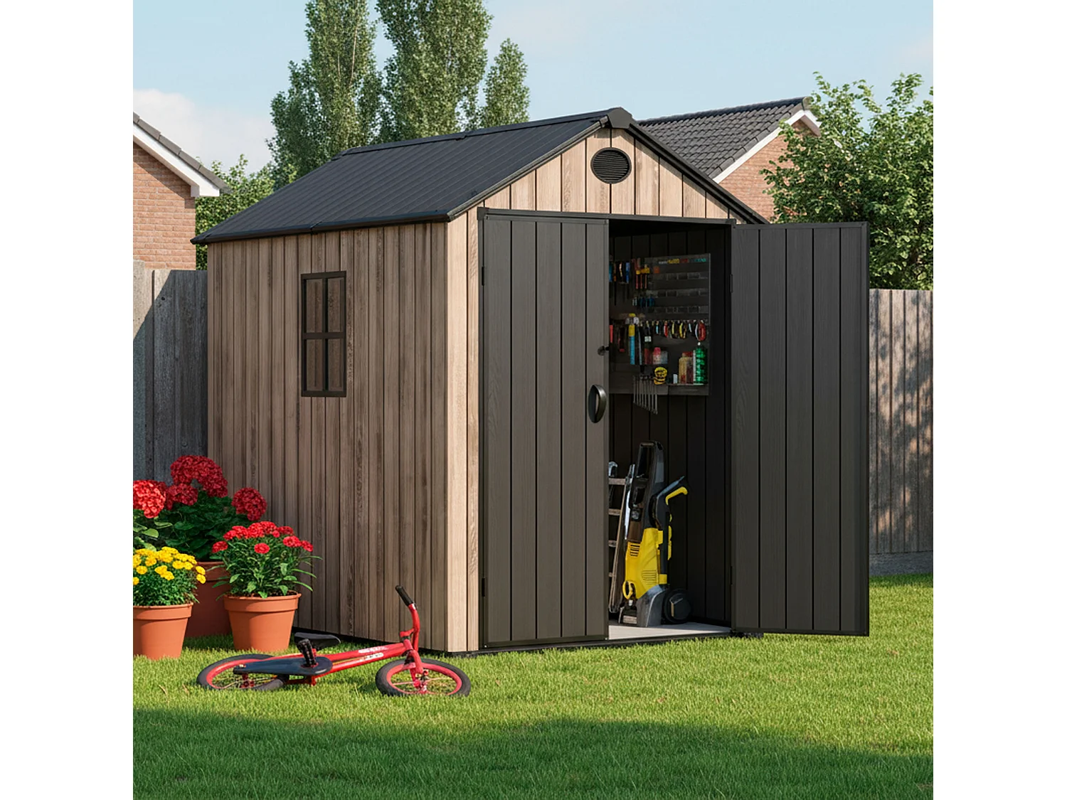 Casetta da giardino in resina 3,62 m² Oak O40 – Pavimento incluso – Finestra laterale – Effetto legno premium – Doppia porta ampia