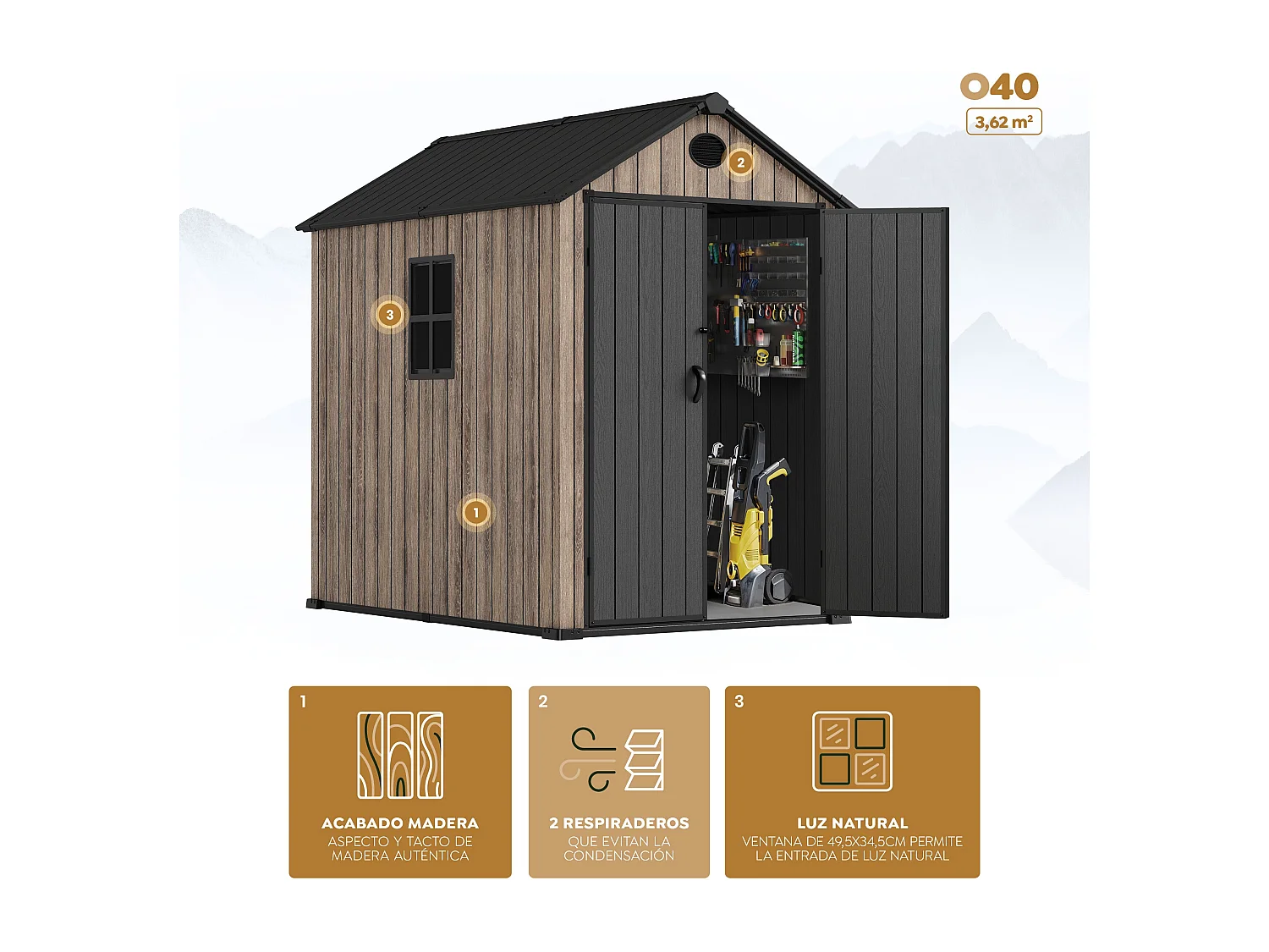 Casetta da giardino in resina 3,62 m² Oak O40 – Pavimento incluso – Finestra laterale – Effetto legno premium – Doppia porta ampia