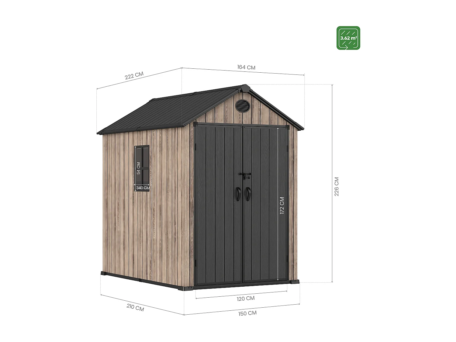 Casetta da giardino in resina 3,62 m² Oak O40 – Pavimento incluso – Finestra laterale – Effetto legno premium – Doppia porta ampia