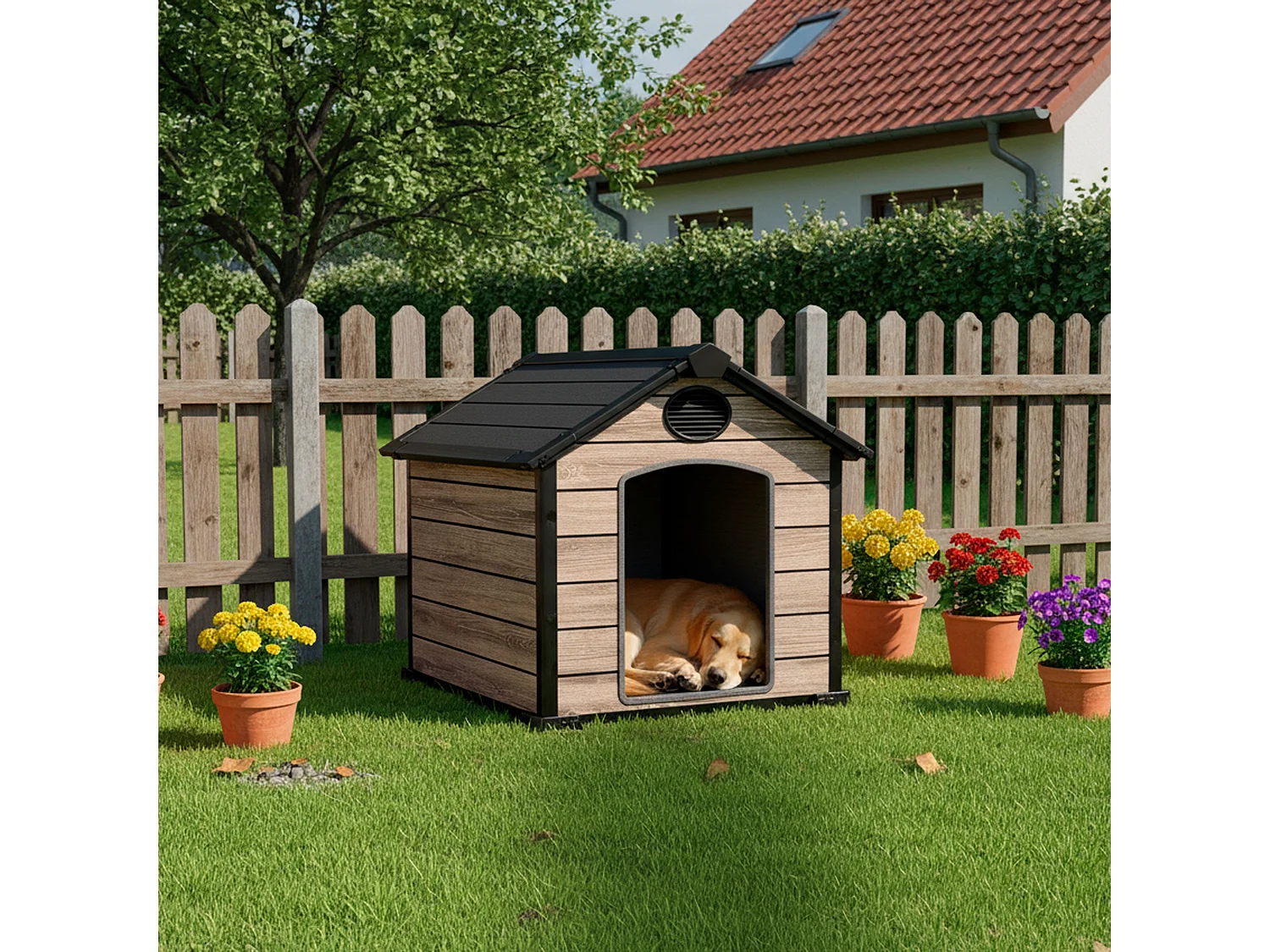 Cuccia per cani da esterno Oak O10 – 102x115x100 cm – Pavimento incluso – 2 prese d’aria di ventilazione – Effetto legno premium