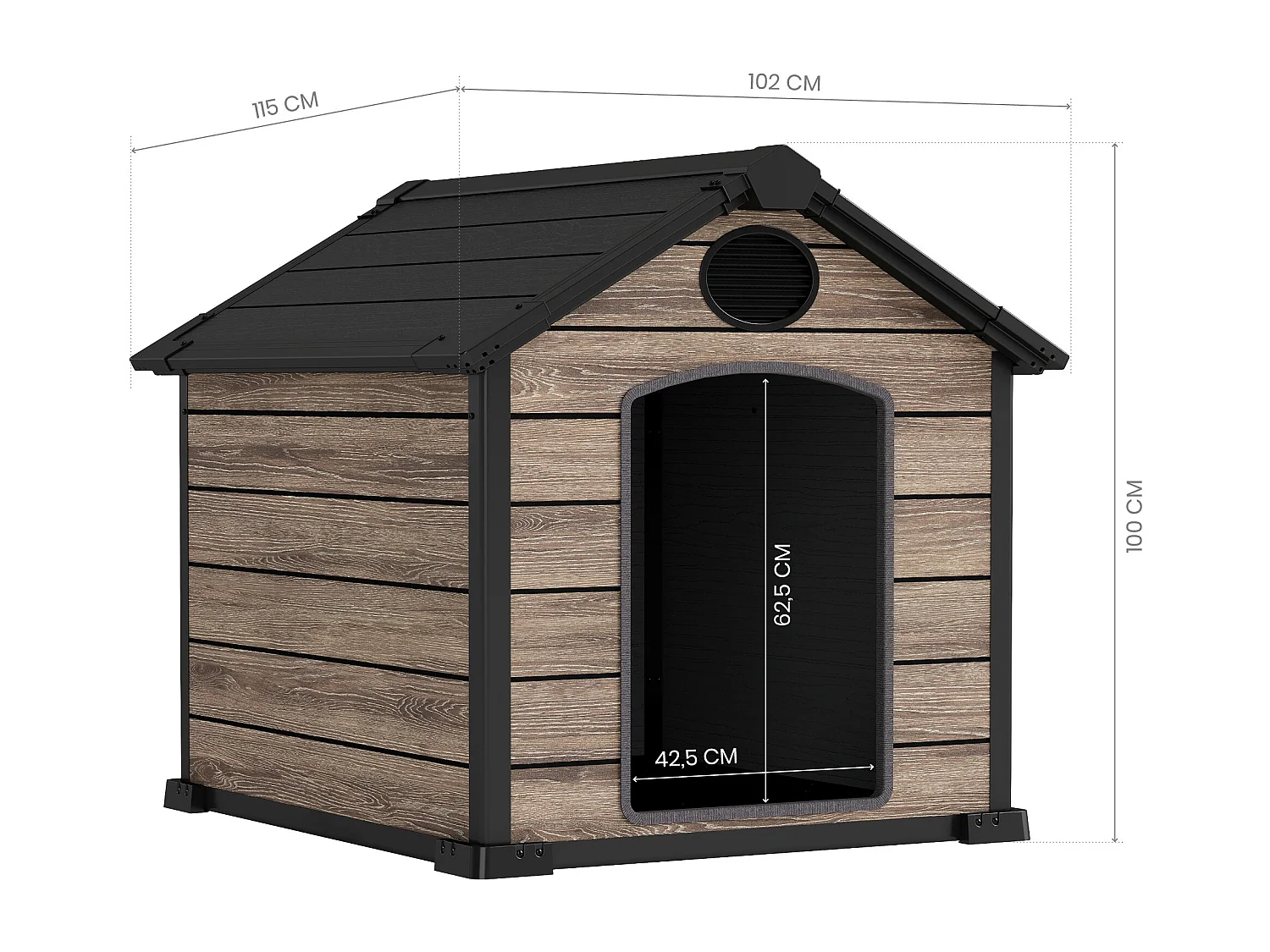 Cuccia per cani da esterno Oak O10 – 102x115x100 cm – Pavimento incluso – 2 prese d’aria di ventilazione – Effetto legno premium