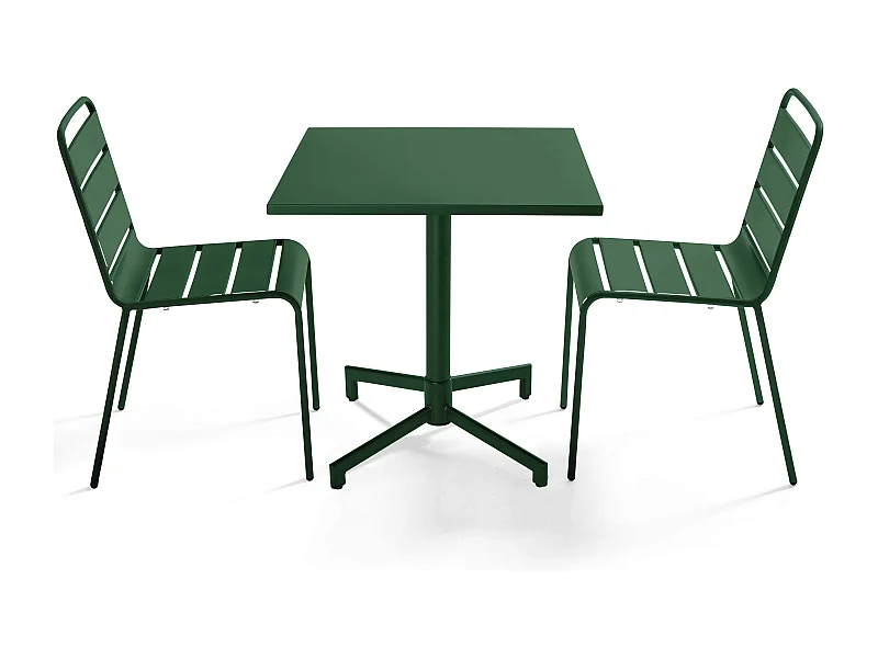 Ensemble table 70 cm et 2 chaises de jardin en métal vert forêt - Palavas