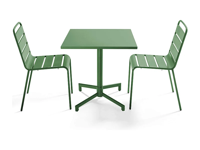 Ensemble table 70 cm et 2 chaises de jardin en métal vert cactus - Palavas