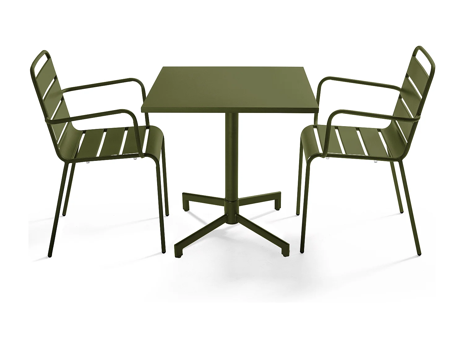 Ensemble table 70 cm et 2 fauteuils de jardin en métal vert kaki - Palavas