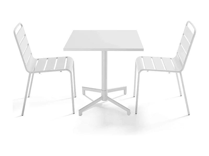 Ensemble table 70 cm et 2 chaises de jardin en métal blanc - Palavas