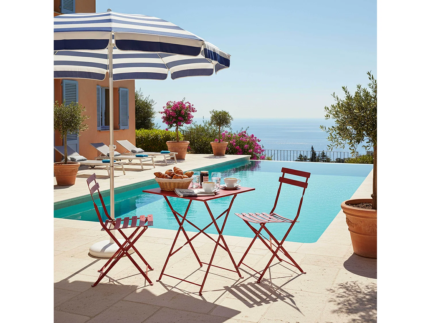 Table de jardin et 2 chaises acier pourpre