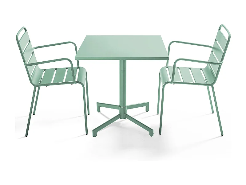 Ensemble table 70 cm et 2 fauteuils de jardin en métal vert sauge - Palavas