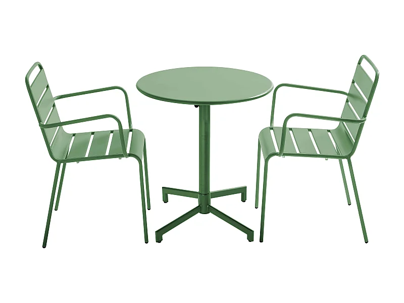 Ensemble table de jardin et 2 fauteuils en métal vert kaki - Palavas