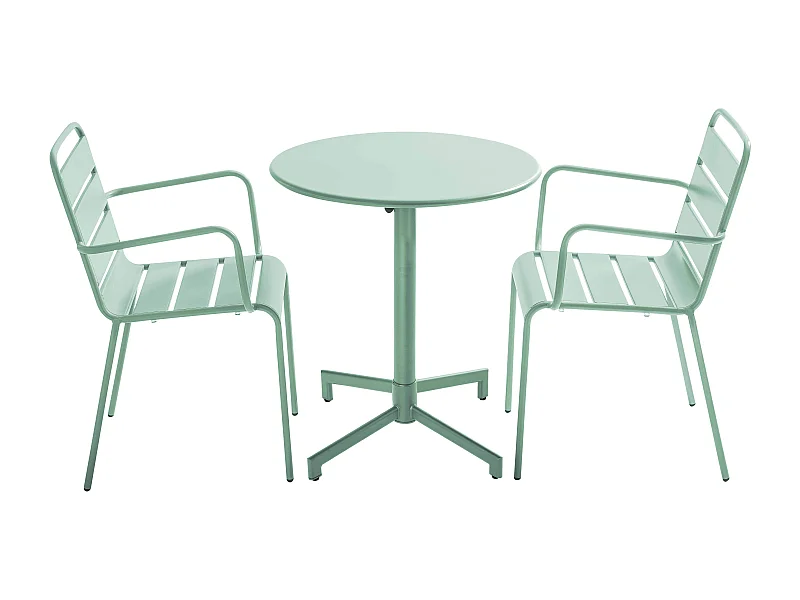 Ensemble table de jardin et 2 fauteuils en métal vert sauge - Palavas